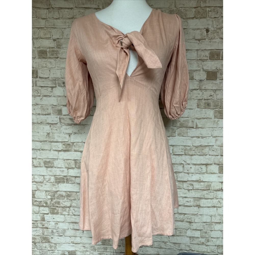 In The Beginning Size S Dress Blush Pink 3/4 Puff Sleeves‎ Tie Front Linen Short